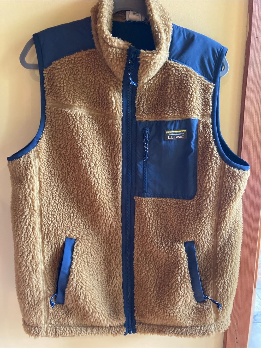 L.L. Bean Tan Sherpa Fleece Vest with Navy Trim